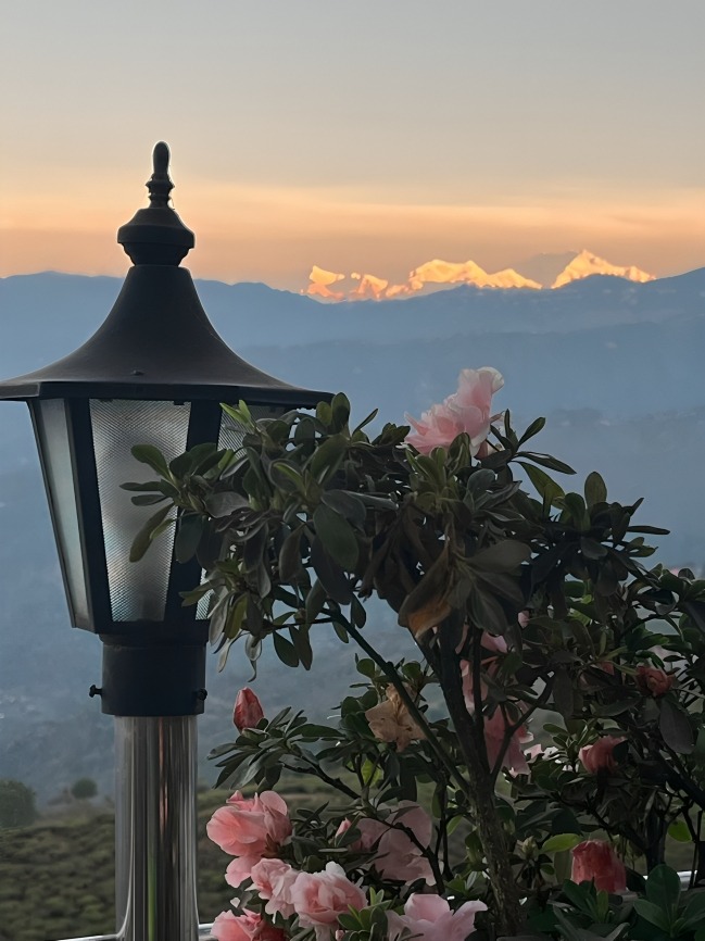Himalayan snow peaks in morning sunrise light viewed from Bashera Mountain Stay